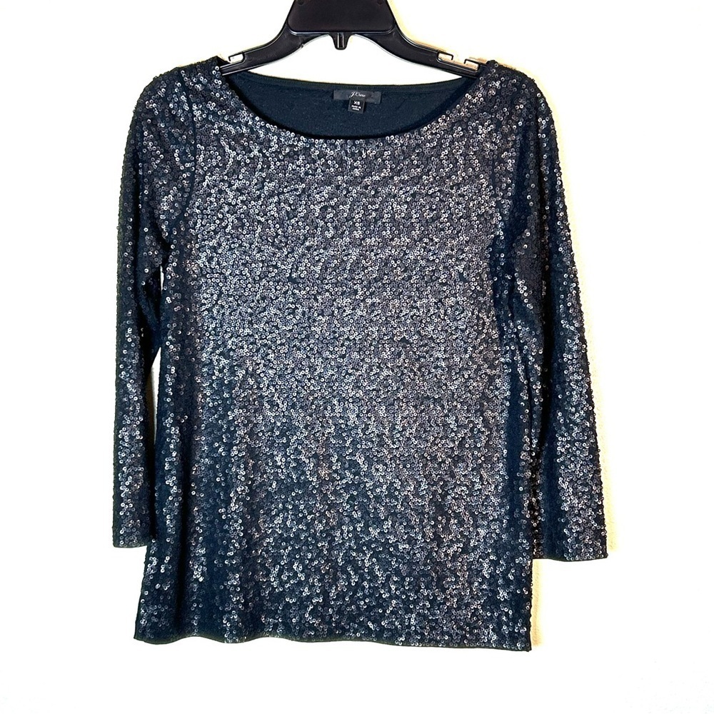 J Crew Sequined Tee Top 100% Cotton Black Grey Sparkle Size XS Holiday Party